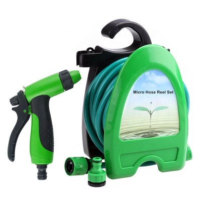 Garden Patio Hose Pipe Spray Gun Watering Set Kit On Reel With Connector